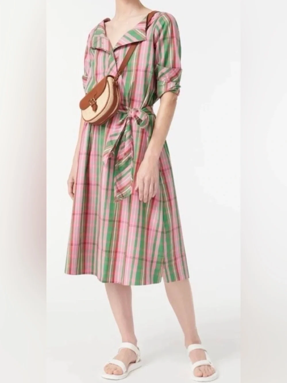 NWT J. Crew Pink and Green Plaid Tie-Waist Midi Dress size 4
